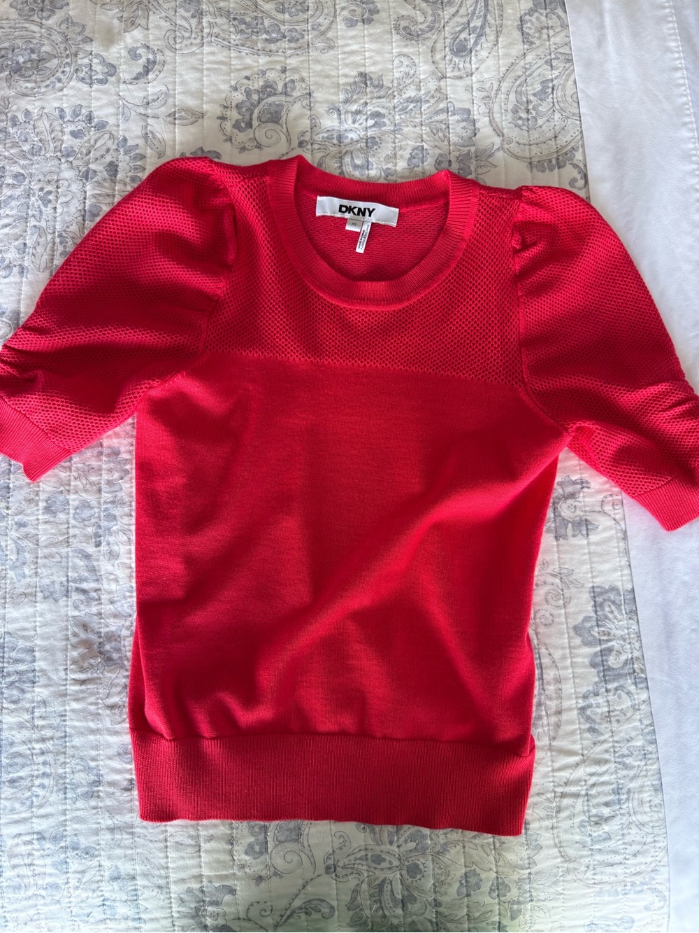 DKNY Red Puff Sleeve Knit Top